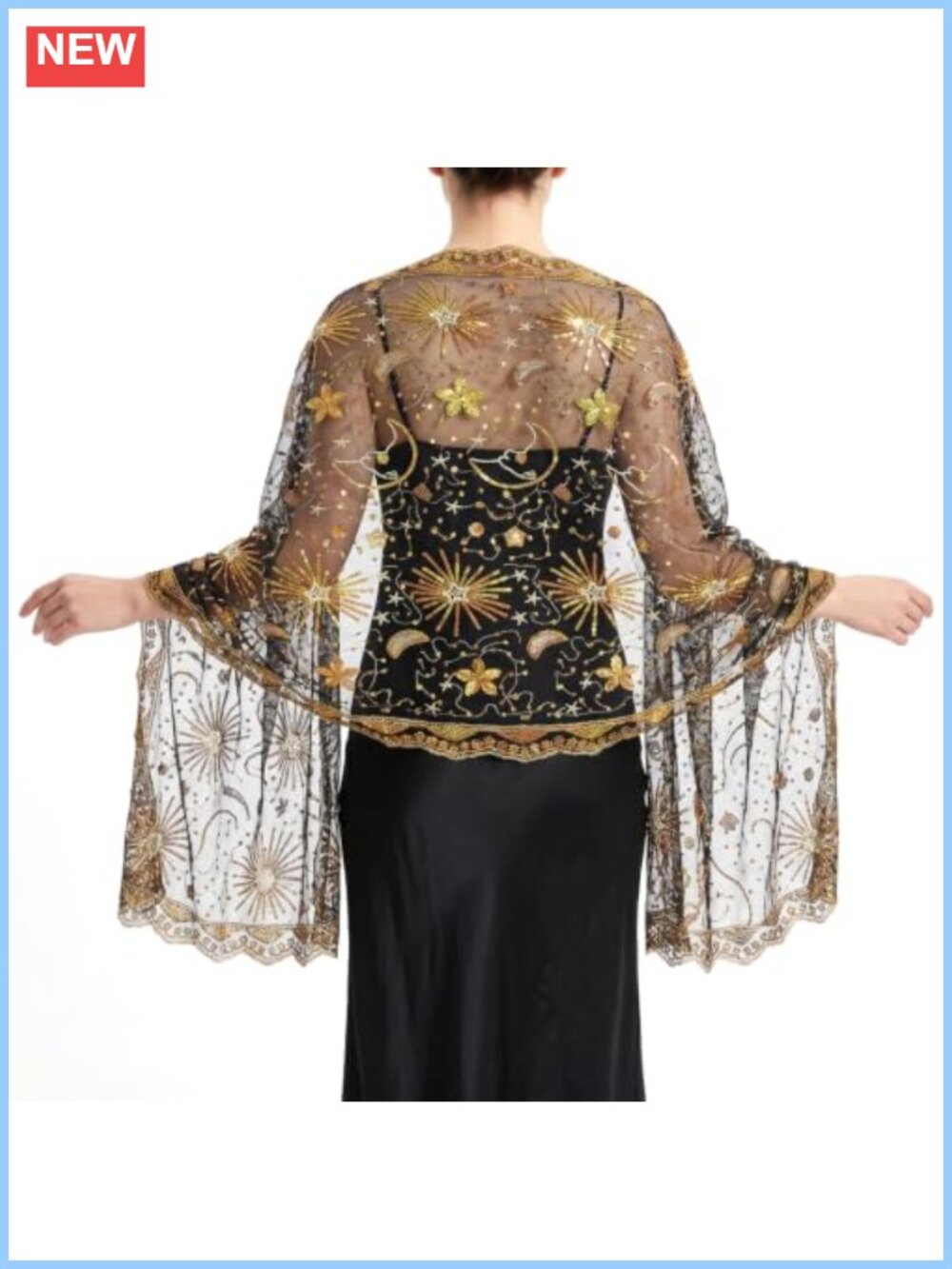 Sequin Star Moon Sheer Mesh Shawl Wrap for Evening Formal Dress